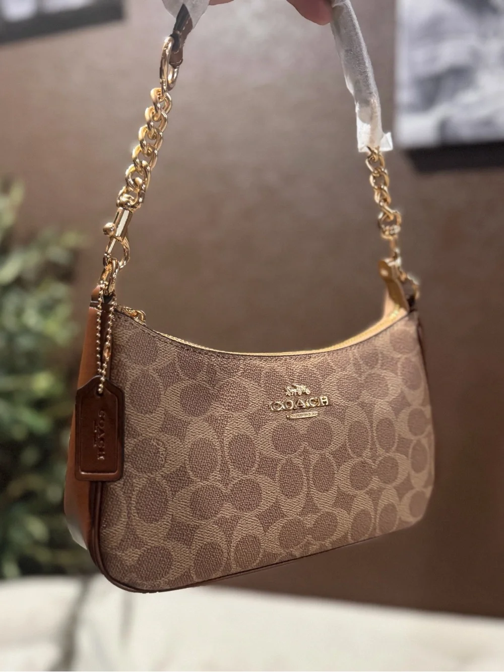 Coach Brown Signature Canvas Shoulder Bag with Gold Hardware